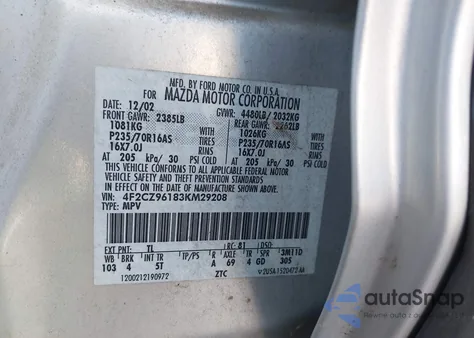 2003 Mazda Tribute Es V6 z USA, uszkodzony, nr VIN 4F2CZ96183KM29208